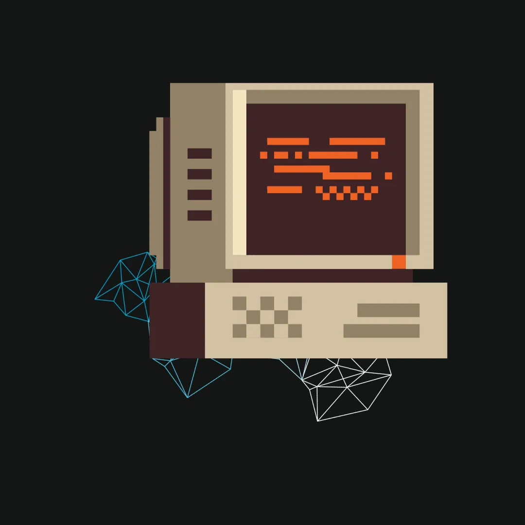 Pixelart computer with futuristic shapes