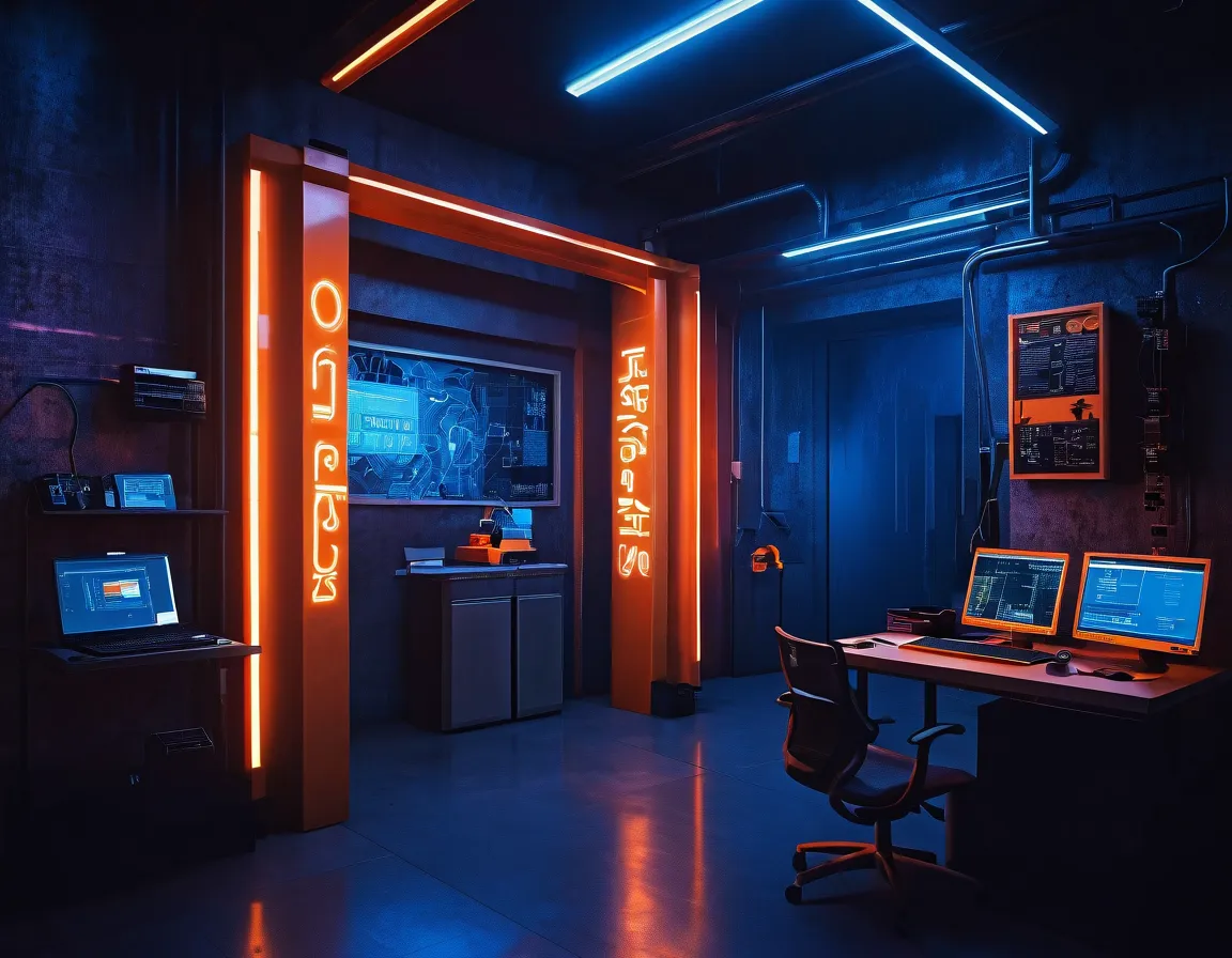 Office in blue and orange glowing colors shows computers